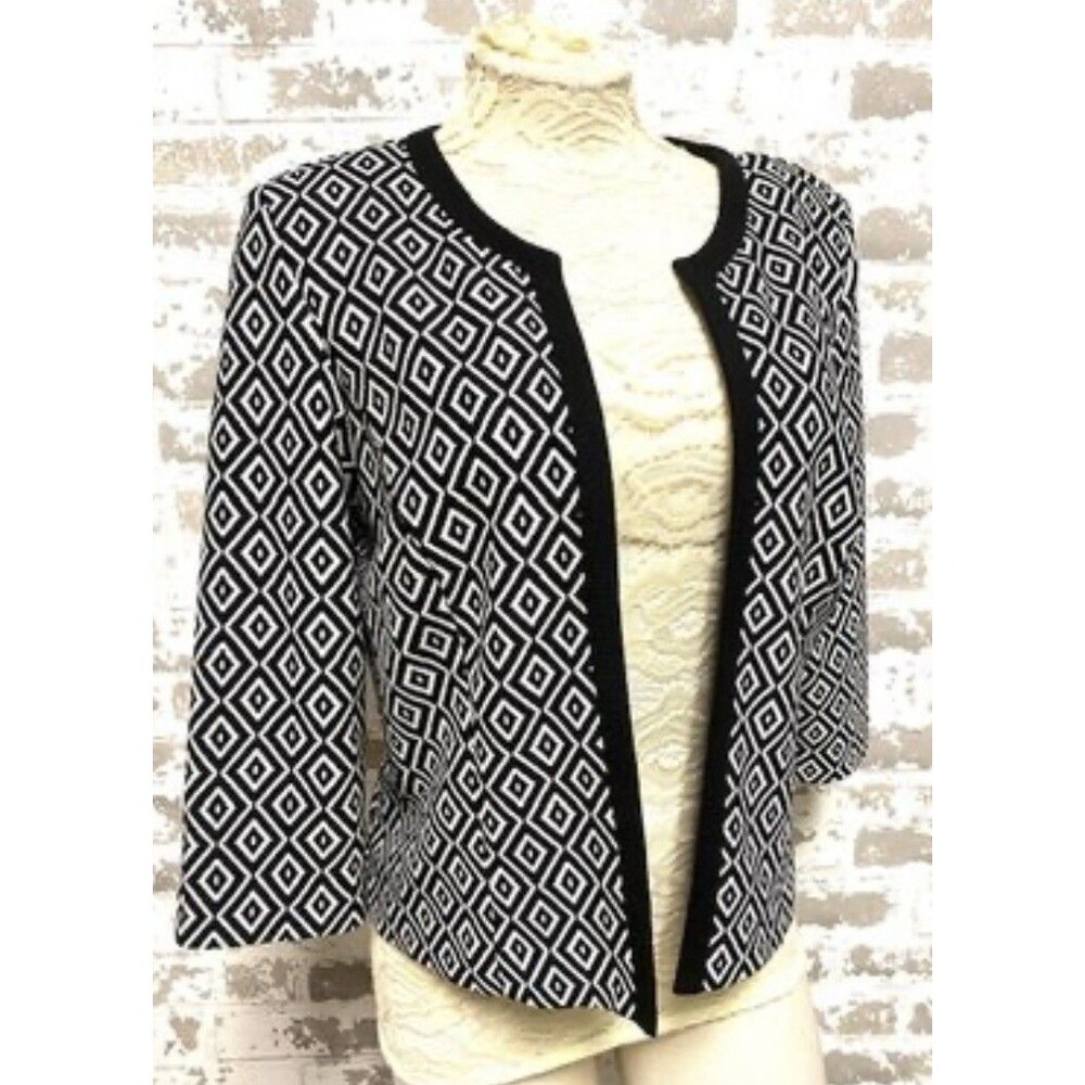 Studio One New York Black/White Geometric Print Open Front Cardigan Sz 10p